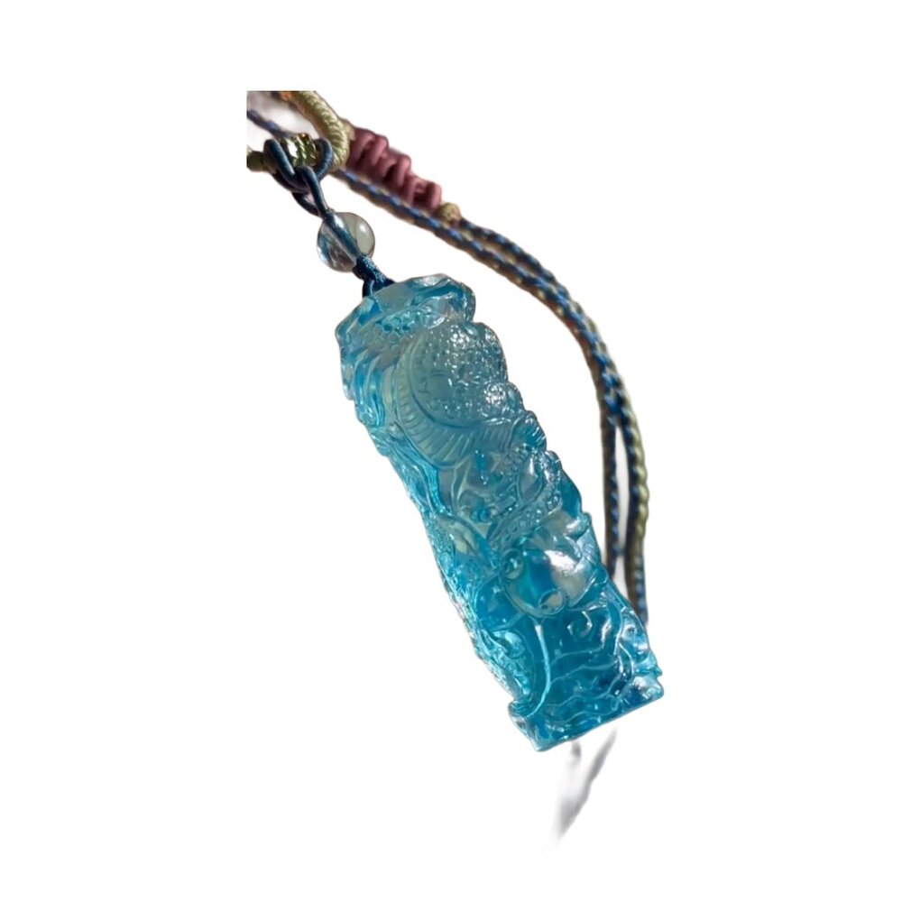 Natural Aquamarine Hand-Carved Dragon Pendant with Certificate & Gift Box, Blue